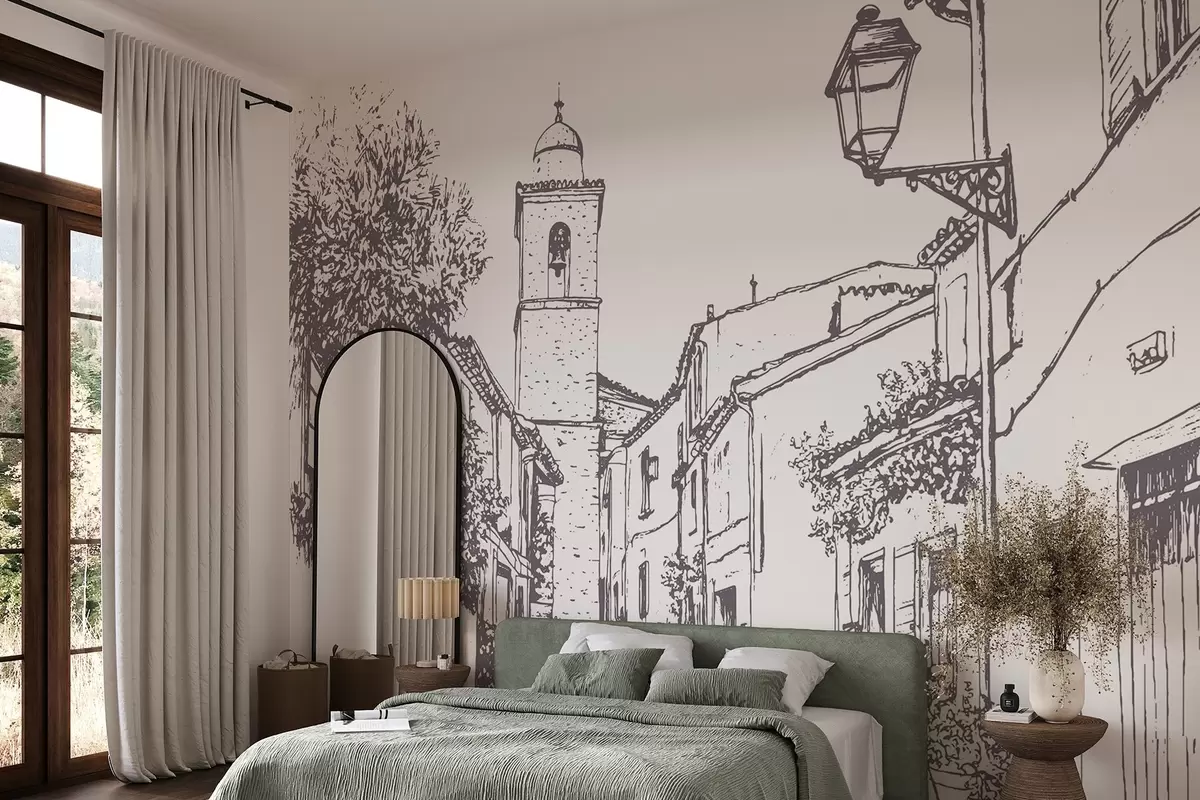 murales de pared Calle de la ciudad, hermosa arquitectura, edificios, Mediterráneo, dibujo lineal, color beige w03345v1