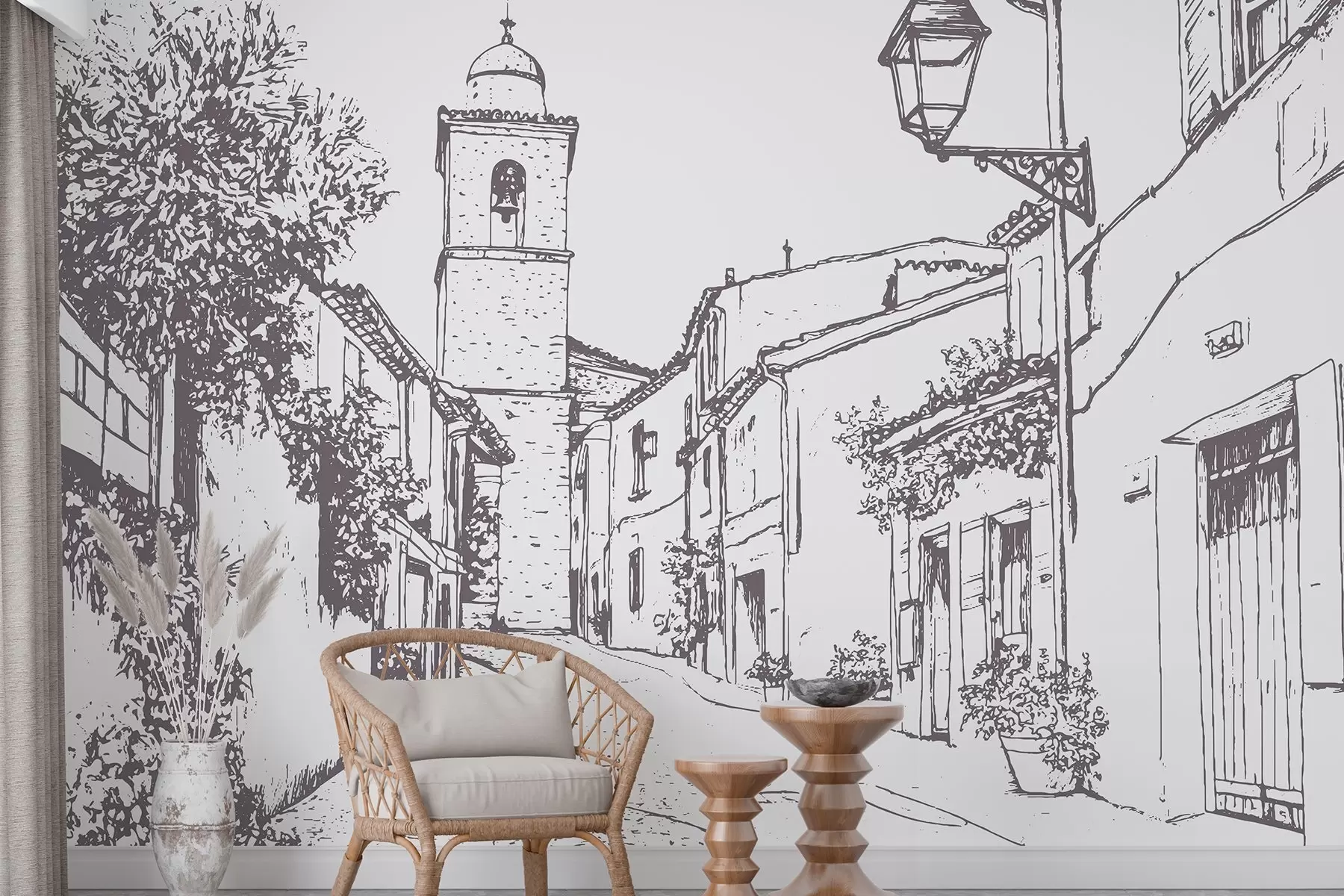 murales de pared Calle de la ciudad, hermosa arquitectura, edificios, Mediterráneo, dibujo lineal, color beige w03345v1
