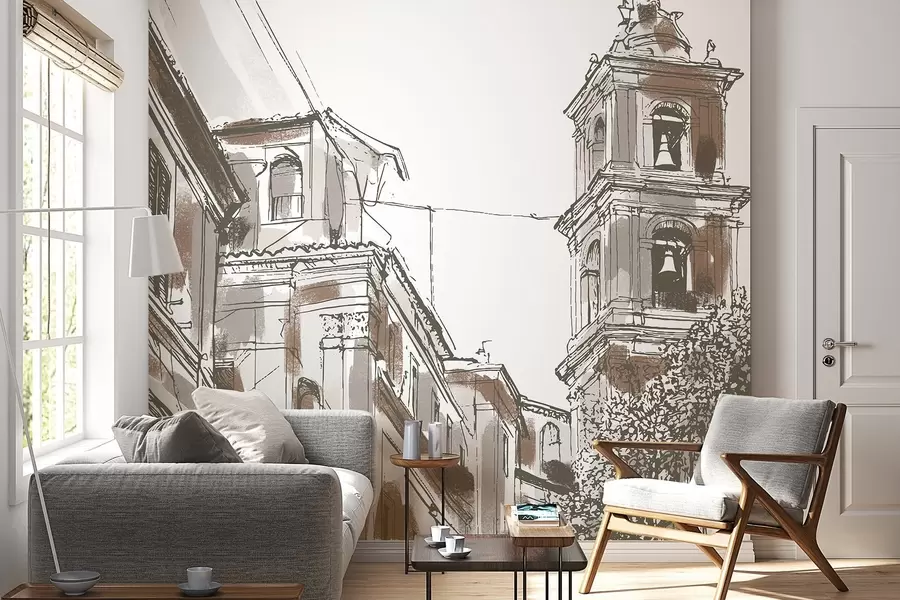 murales de pared Calle de ciudad mediterránea, capilla, arquitectura, colores beige y marrón w03350v1