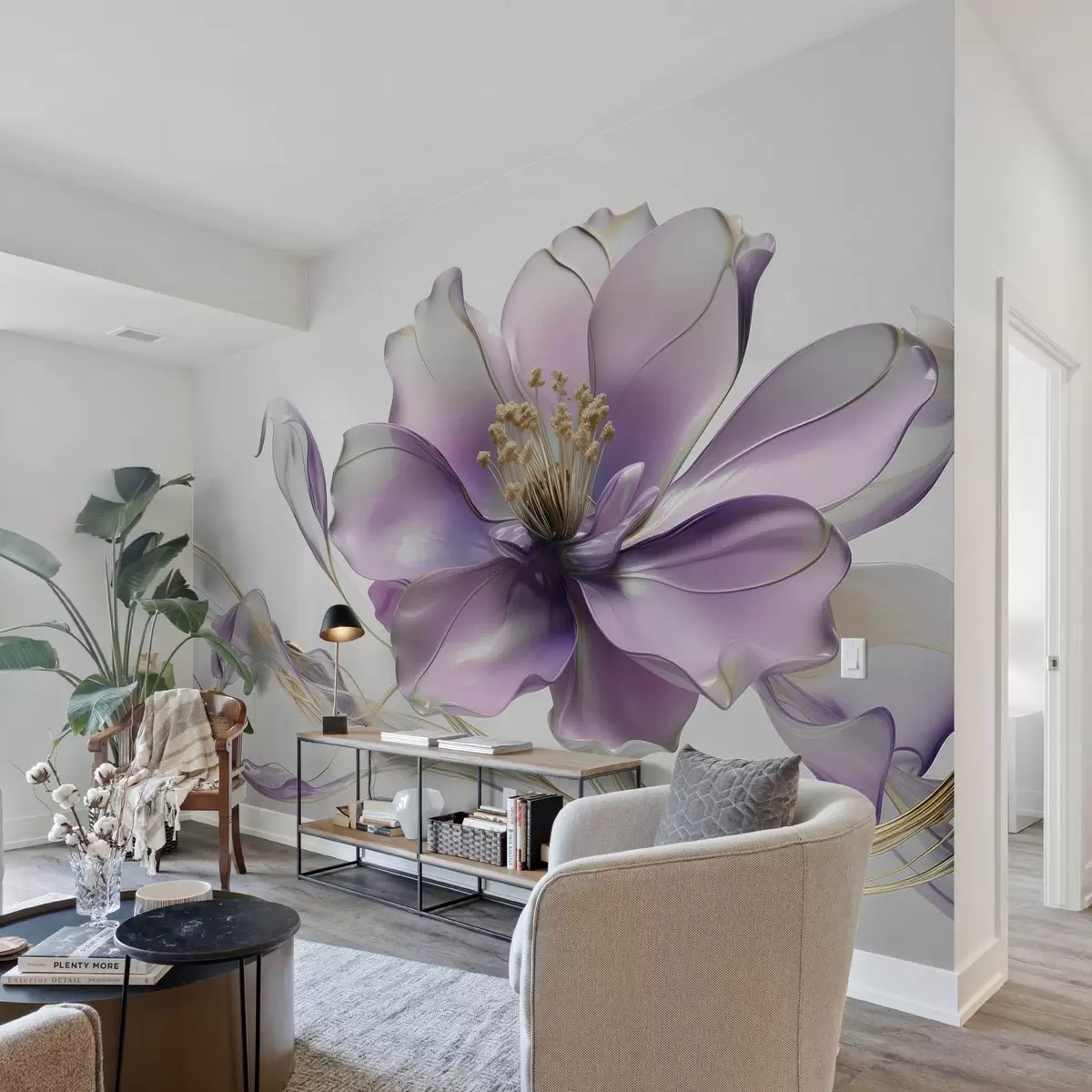 murales de pared Gran flor abstracta en la pared en tono lila w08902v1