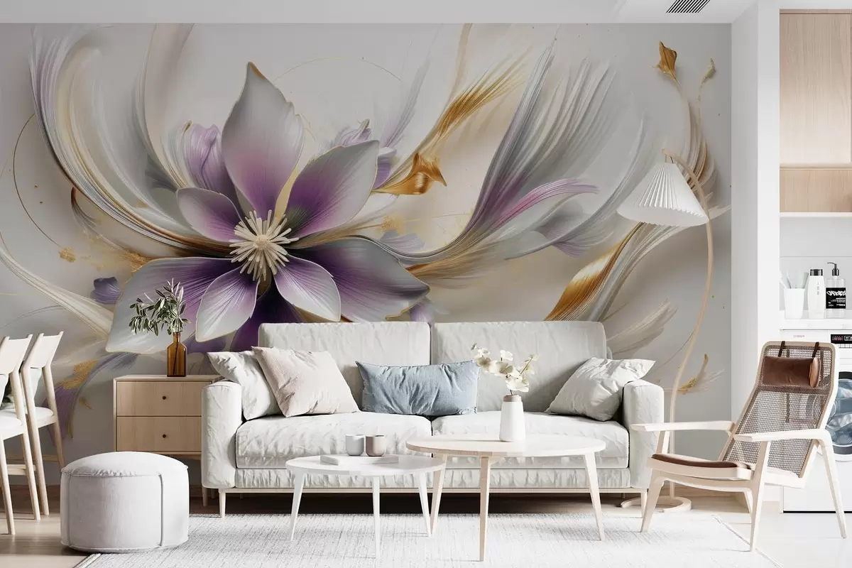 murales de pared Gran flor lila delicada con líneas abstractas w08903v1