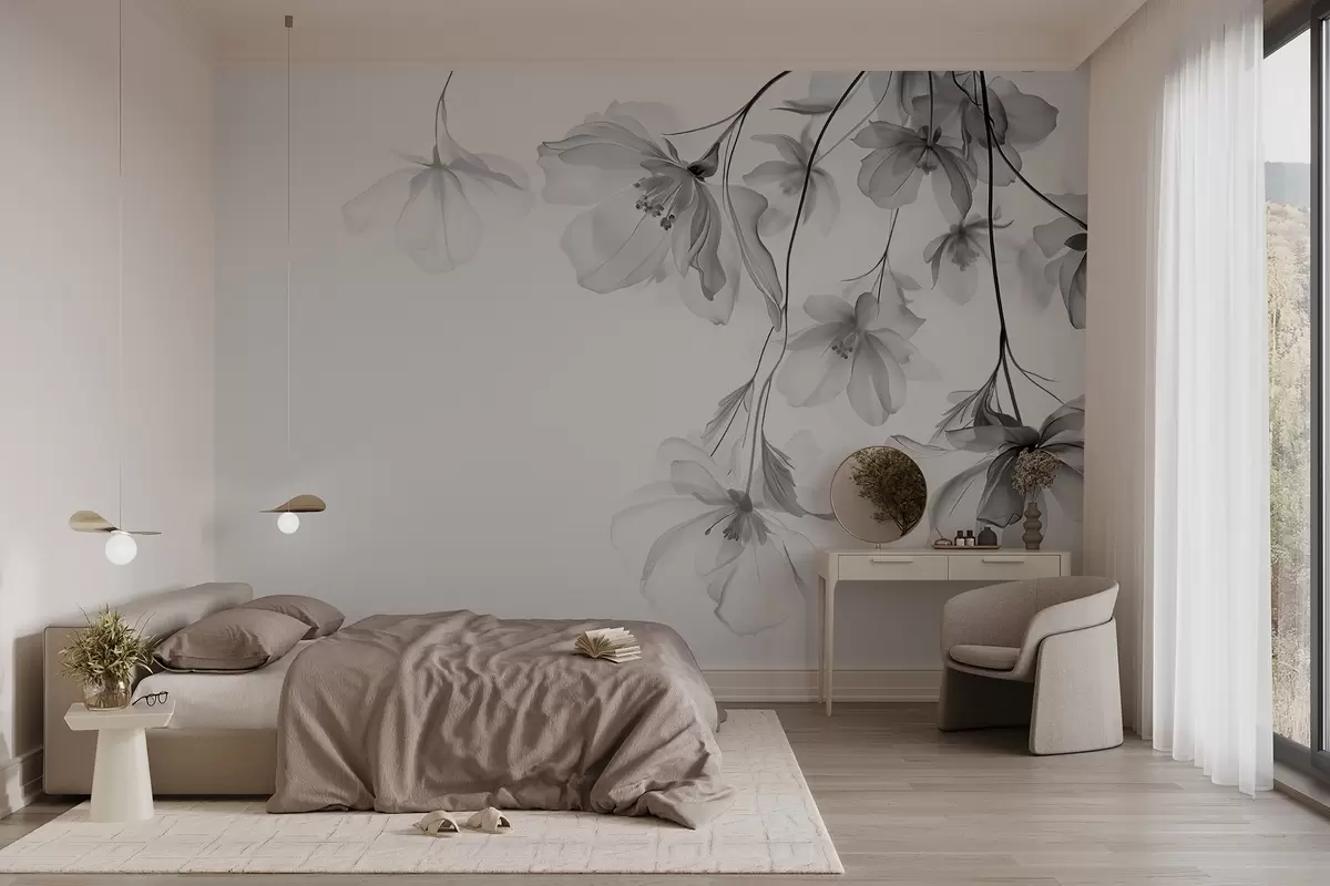 murales de pared Flores negras con pétalos translúcidos colgando de una rama, blanco y negro, composición minimalista de arte moderno w08911