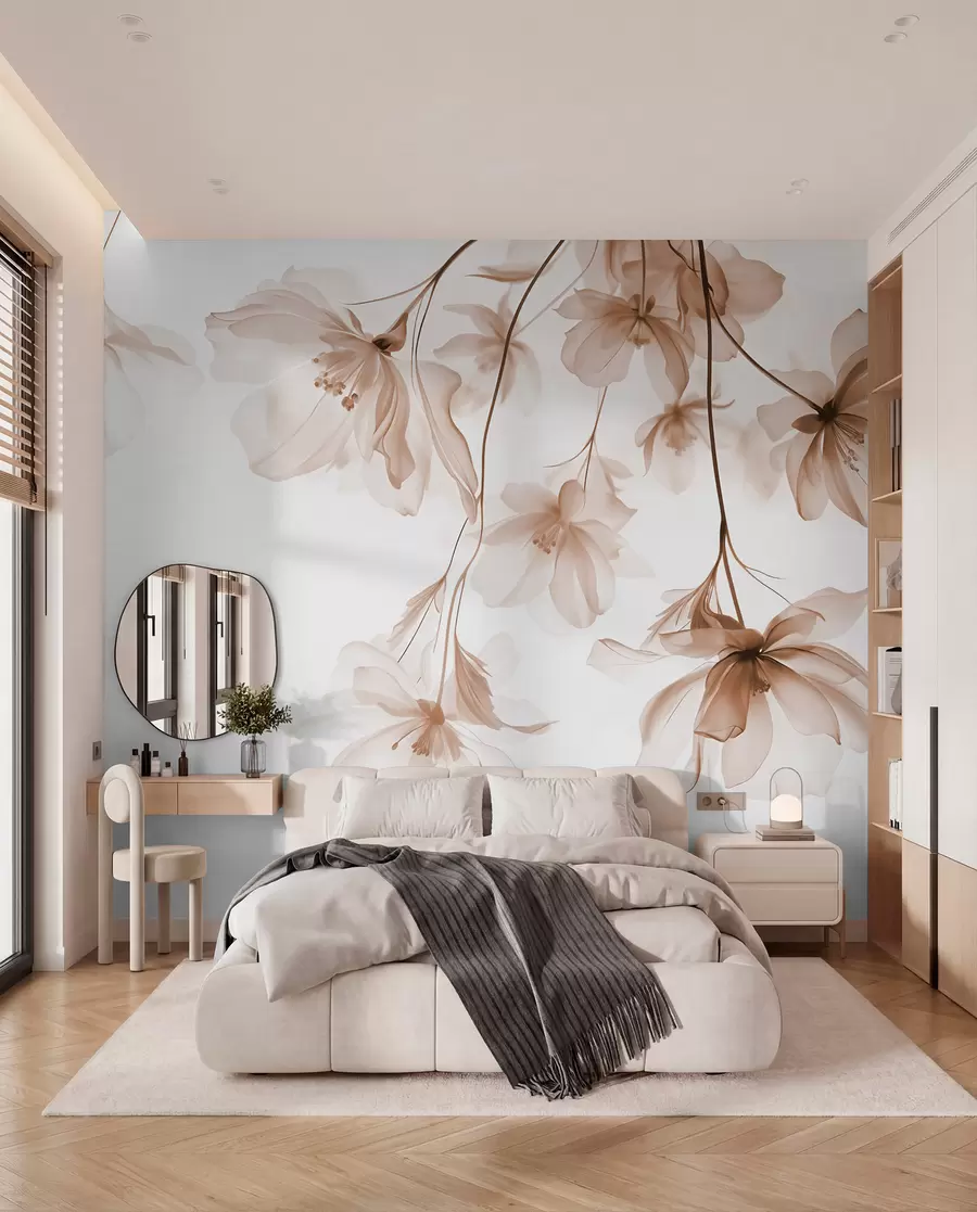 murales de pared Flores beige con pétalos translúcidos colgando de una rama, beige y blanco, composición minimalista de arte moderno w08911v1