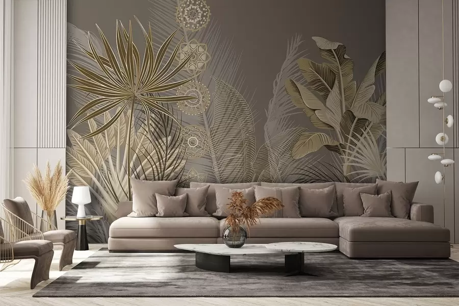 murales de pared Hojas tropicales en tonos beige y marrón, hojas de palmera, hojas de plátano y adornos de mandala, fondo oscuro w08913v1
