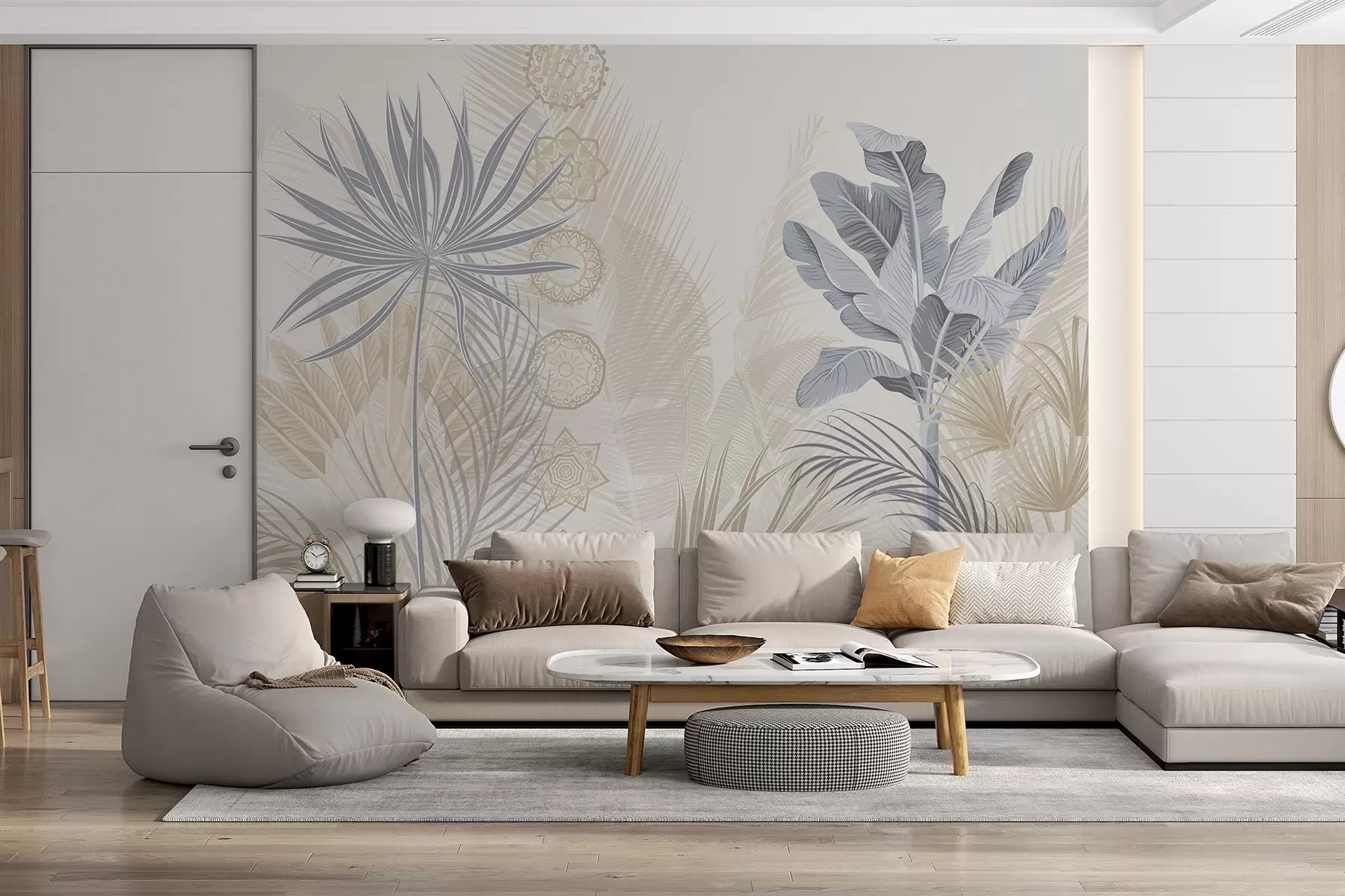 murales de pared Hojas tropicales en tonos azules y beige, hojas de palmera, hojas de plátano y adornos de mandala, fondo claro w08913v2