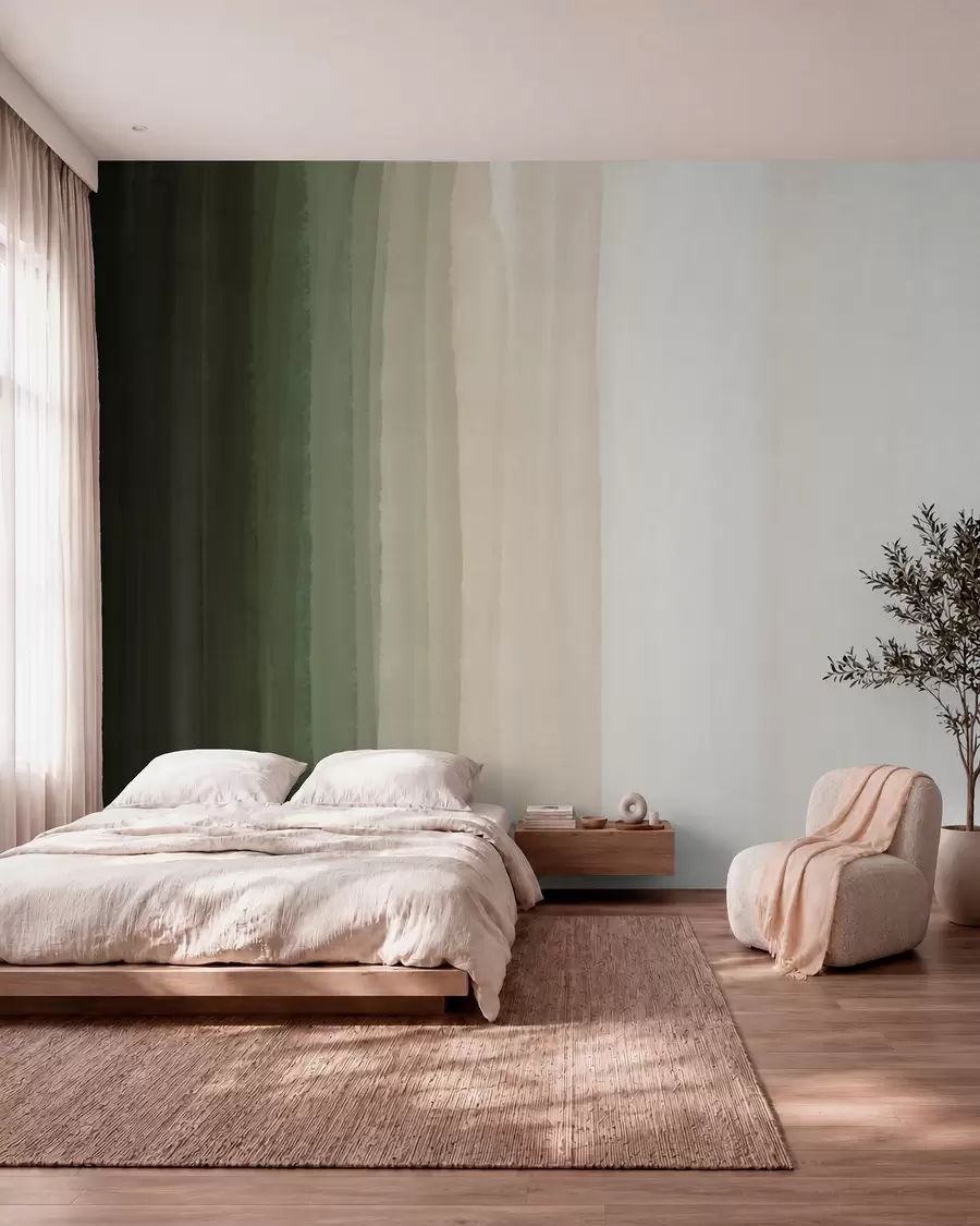 murales de pared Estampado abstracto minimalista degradado con rayas verticales de color verde oscuro, beige y blanco w08915