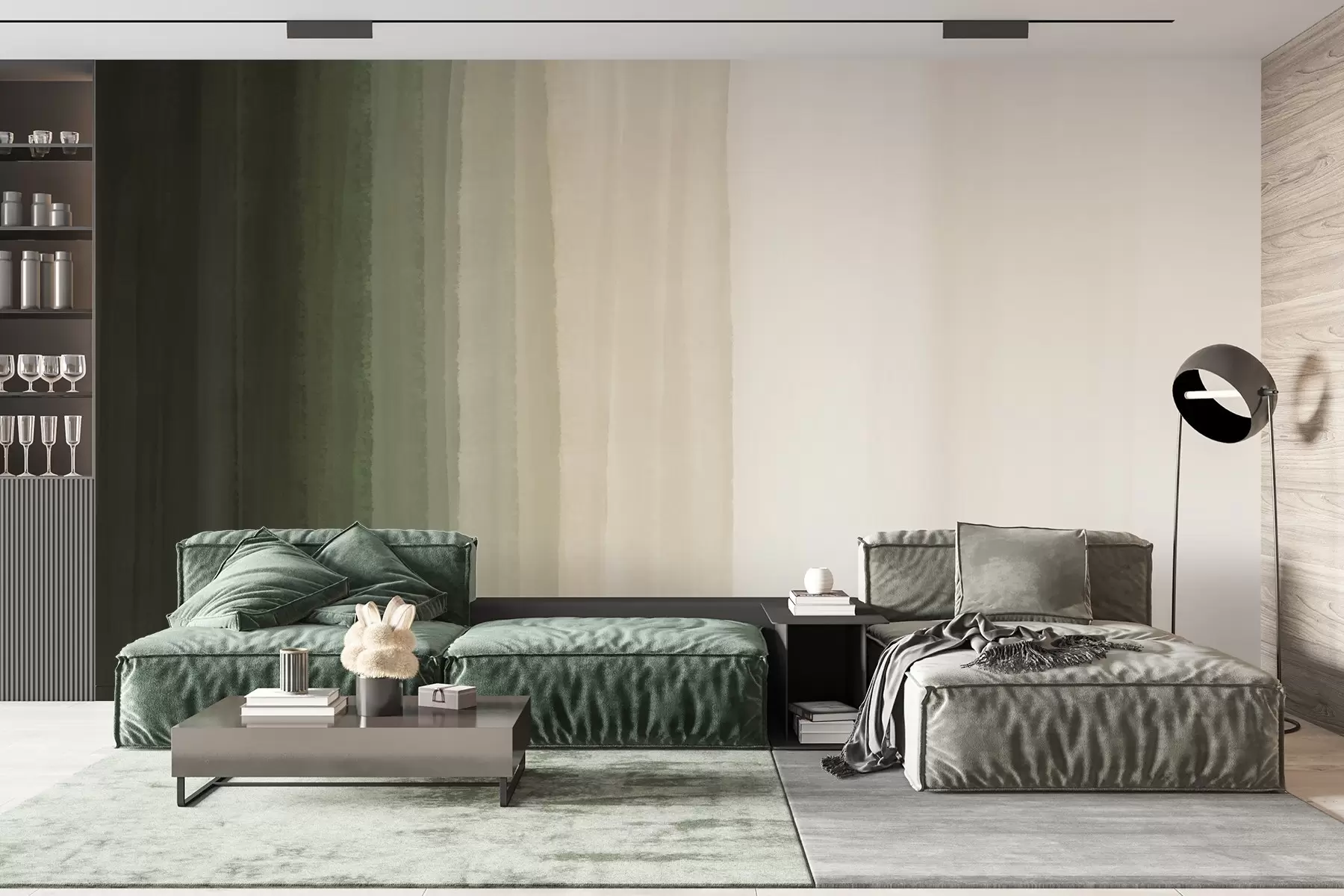 murales de pared Estampado abstracto minimalista degradado con rayas verticales de color verde oscuro, beige y blanco w08915