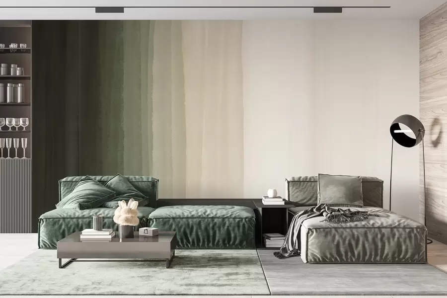 murales de pared Estampado abstracto minimalista degradado con rayas verticales de color verde oscuro, beige y blanco w08915