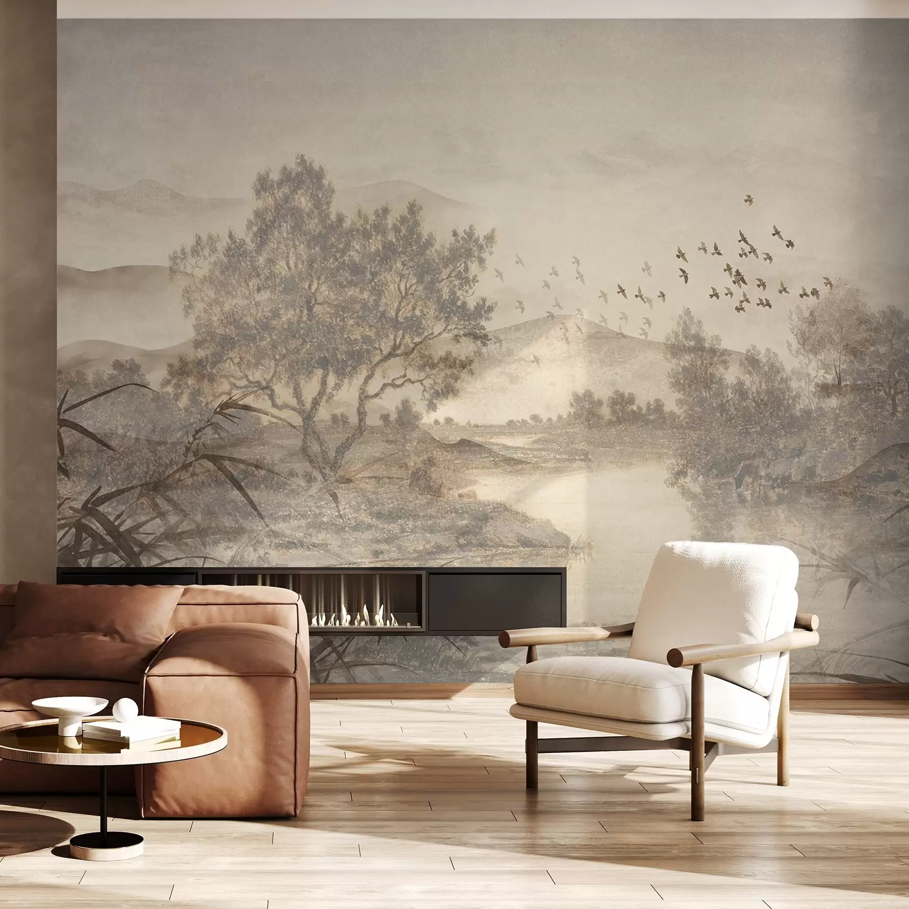 murales de pared Paisaje vintage texturizado con un árbol cerca de un río y un cielo nublado, arte de la naturaleza en tonos sepia w08920