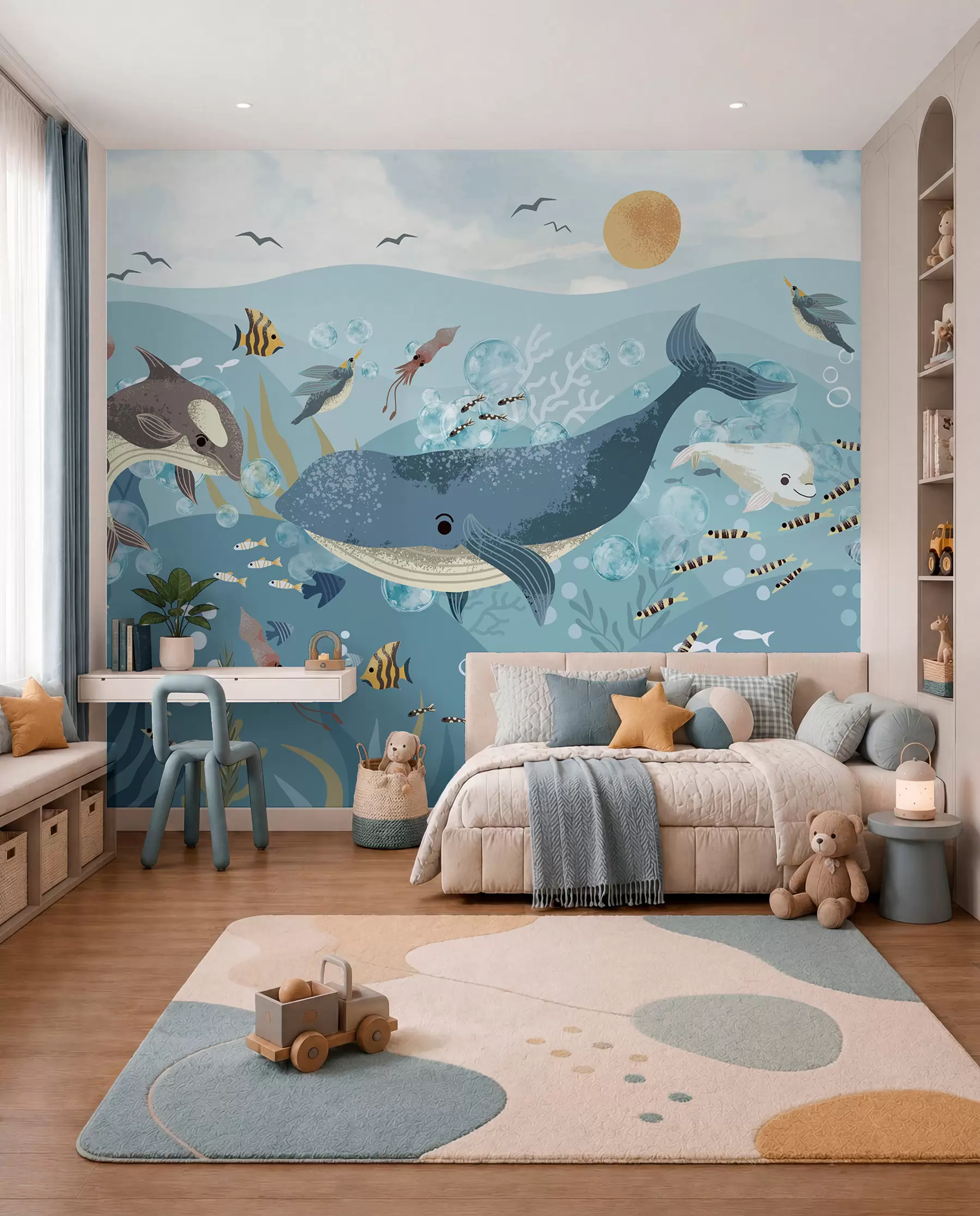 murales de pared Ilustración infantil linda impresión con ballena azul rodeada de peces, calamares, medusas en un océano azul con burbujas w08921