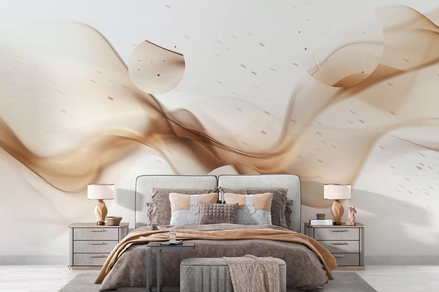 murales de pared Abstracción de ondas geométricas, estilo borroso, degradado, colores beige w03404