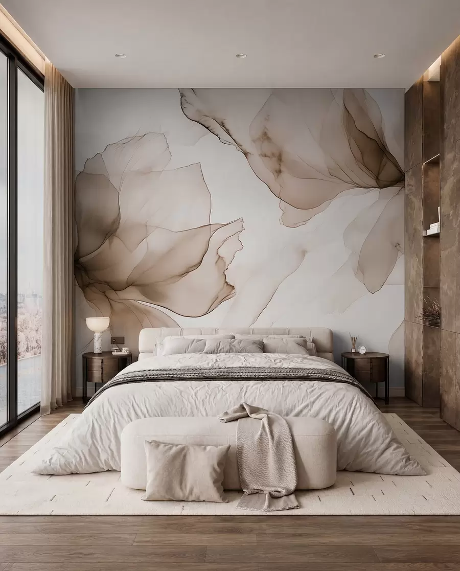 murales de pared Flores de estilo fluido, abstracción floral, acuarela, paleta de colores beige w03406v3