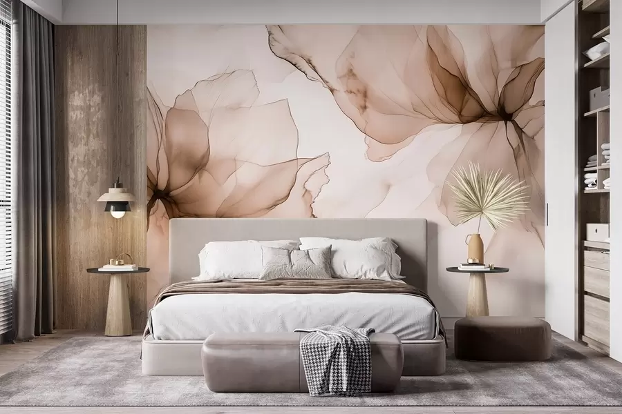 murales de pared Flores de estilo fluido, abstracción floral, acuarela, paleta de colores beige w03406v3