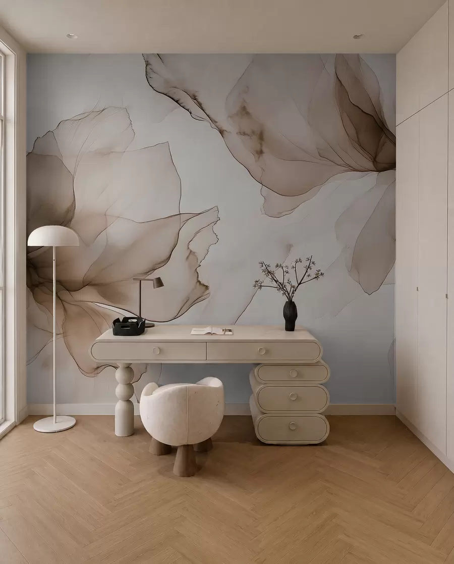 murales de pared Flores de estilo fluido, abstracción floral, acuarela, paleta de colores beige w03406v3