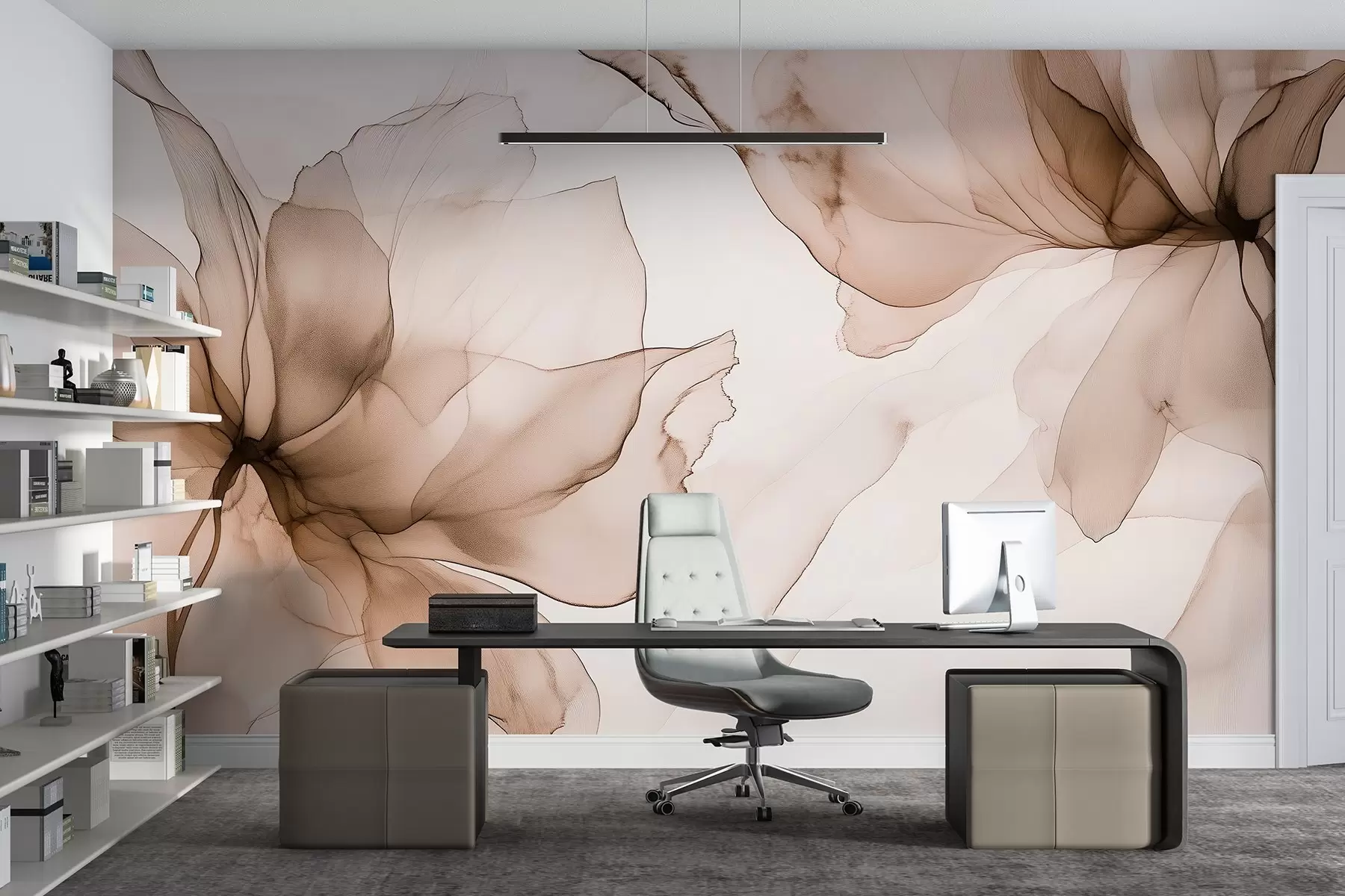 murales de pared Flores de estilo fluido, abstracción floral, acuarela, paleta de colores beige w03406v3