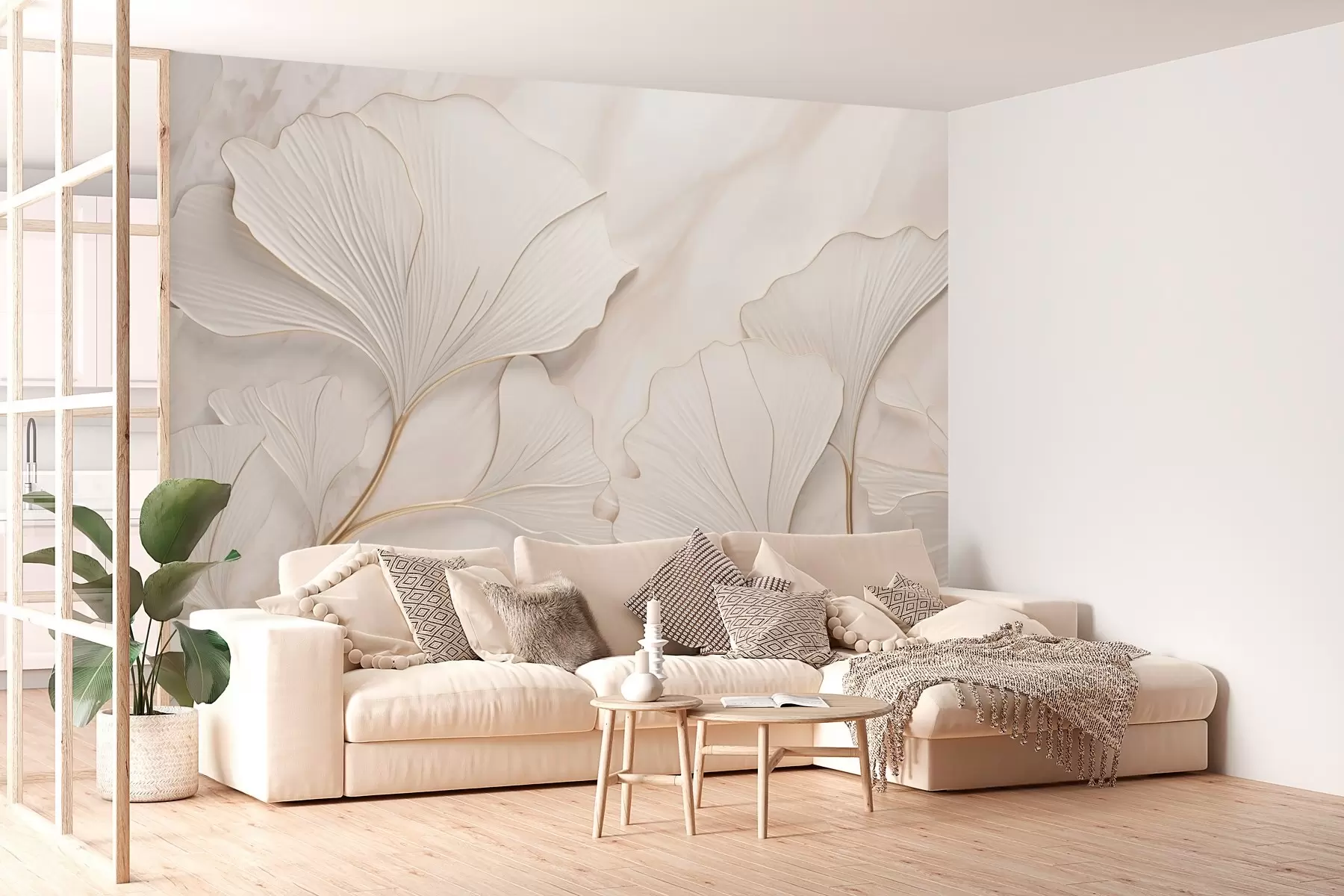 murales de pared Hojas pastel sobre fondo de mármol en tonos beige w03440v1
