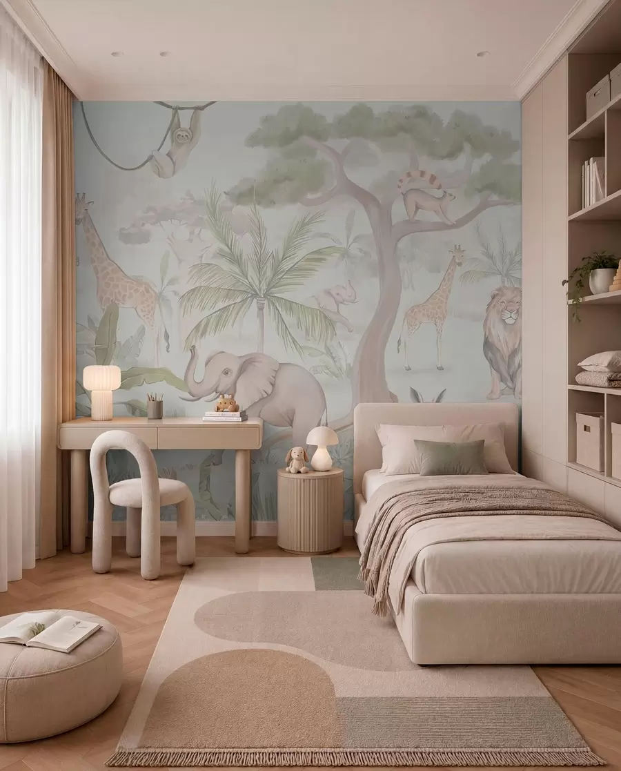 murales de pared Panorama de selva con animales en colores claros w03444v1