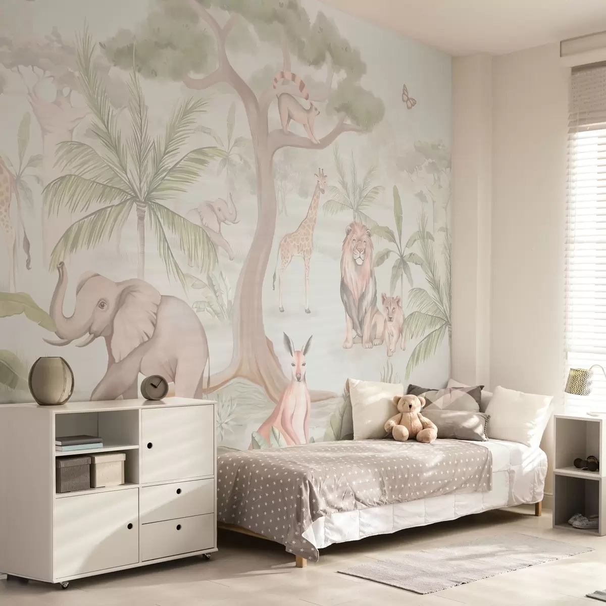 murales de pared Panorama de selva con animales en colores claros w03444v1