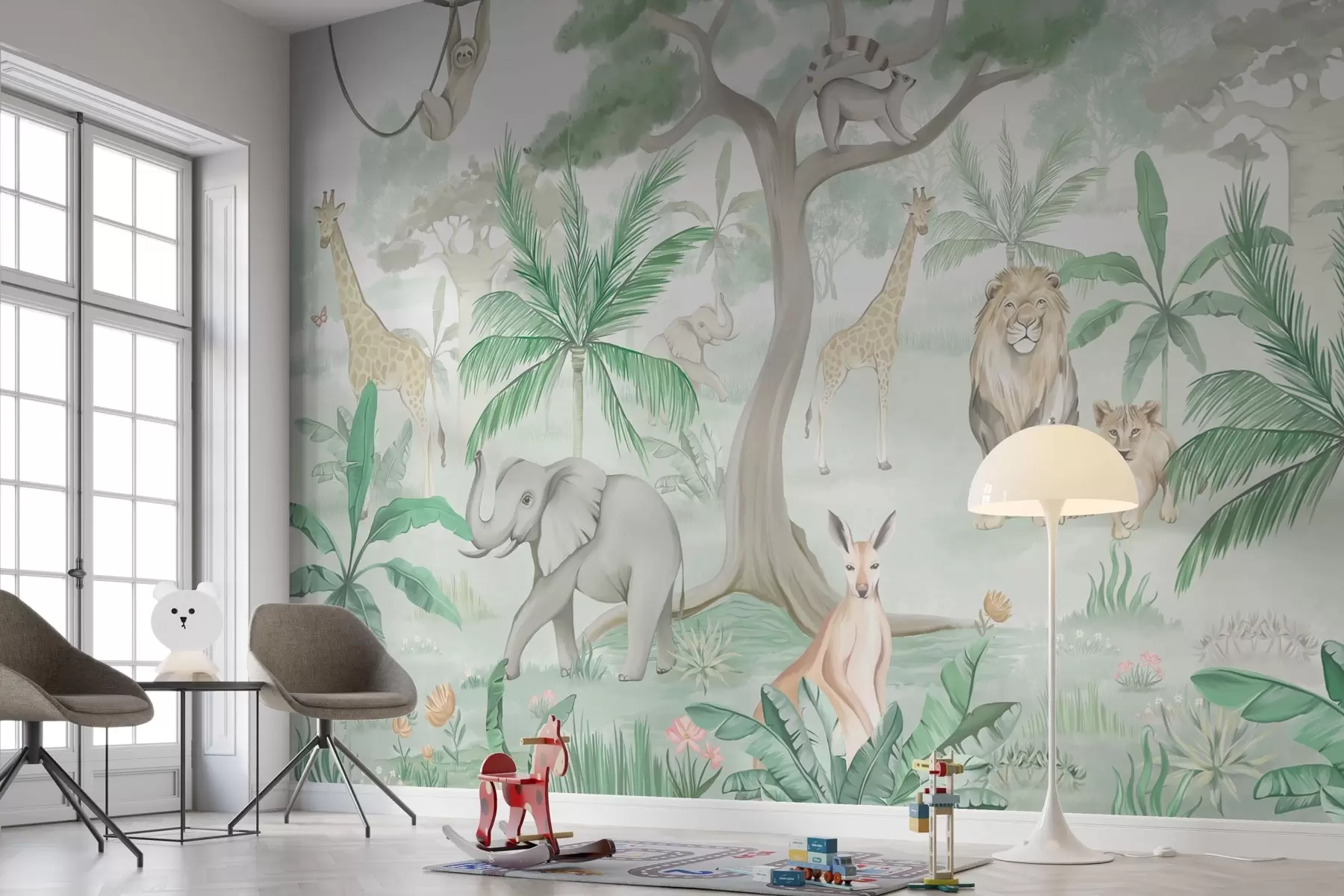 murales de pared Panorama de selva con animales en tonos verdes w03444v2