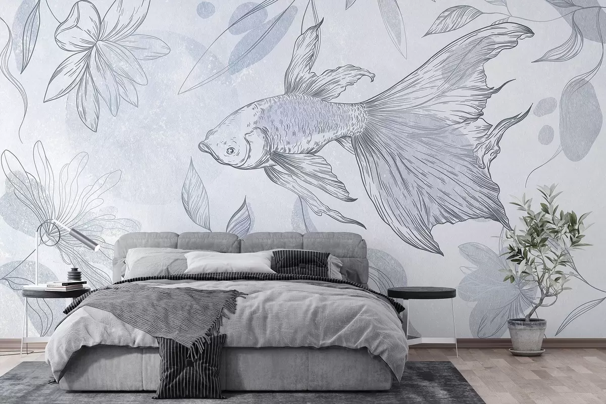 murales de pared Pez con elementos florales, fondo azul, dibujo lineal w03517v2