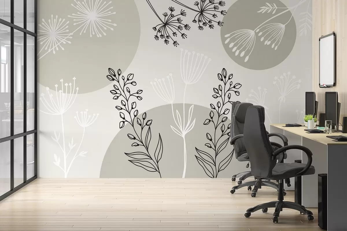 murales de pared Abstracción con círculos y plantas en tonos verdes w03483v1