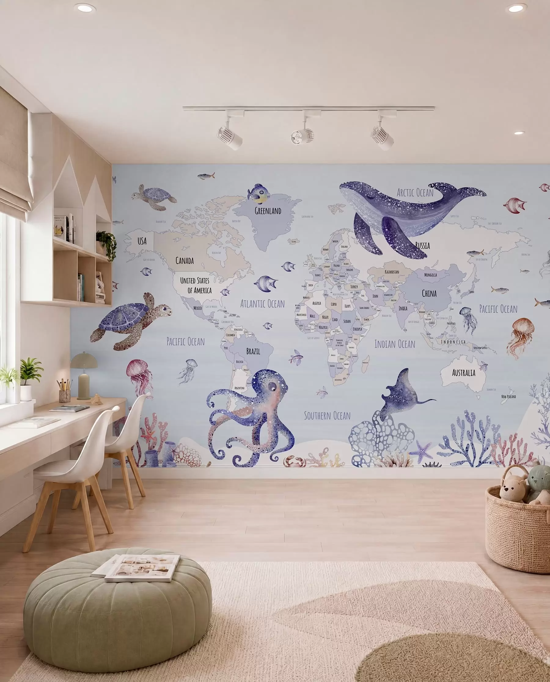 murales de pared Mundo submarino con mapamundi w03526v1