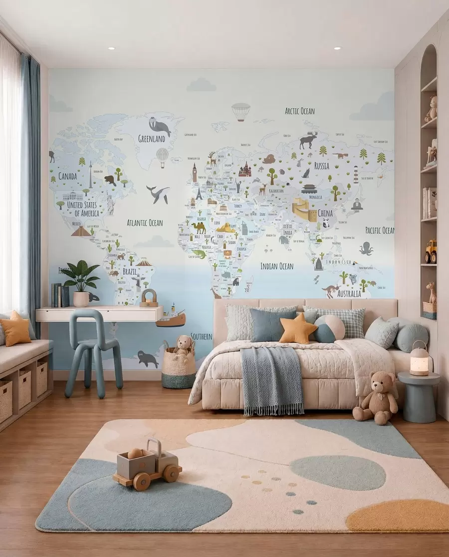 murales de pared Atlas de maravillas en azul w03410