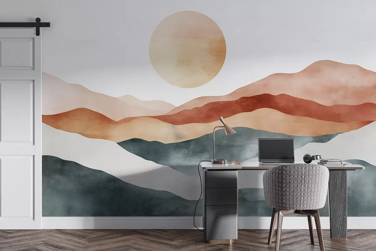 murales de pared Acuarela montañas con el Sol, estilo boho, rojo, naranja, gris w03551