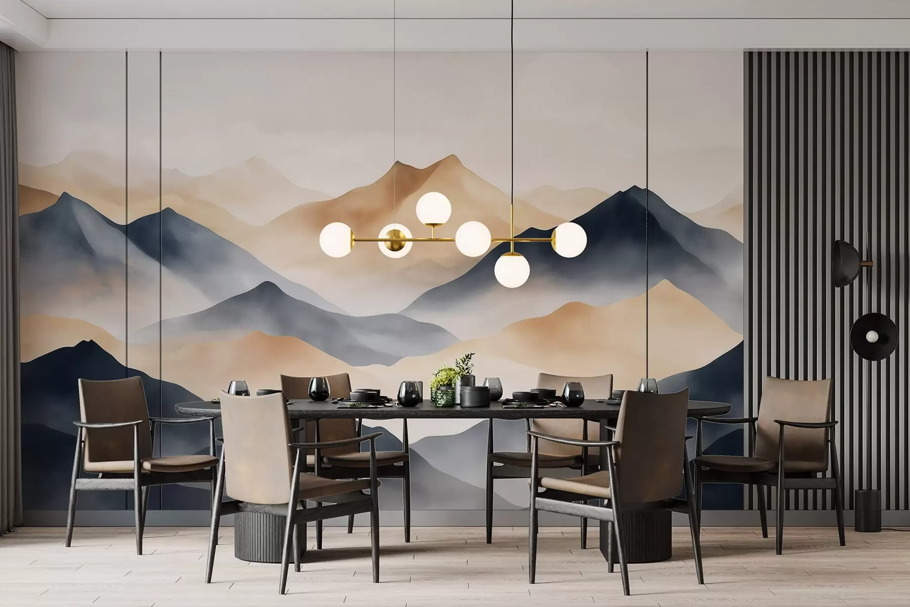 murales de pared Paisajes de montaña, estilo acuarela, bruma, beige y gris w03548