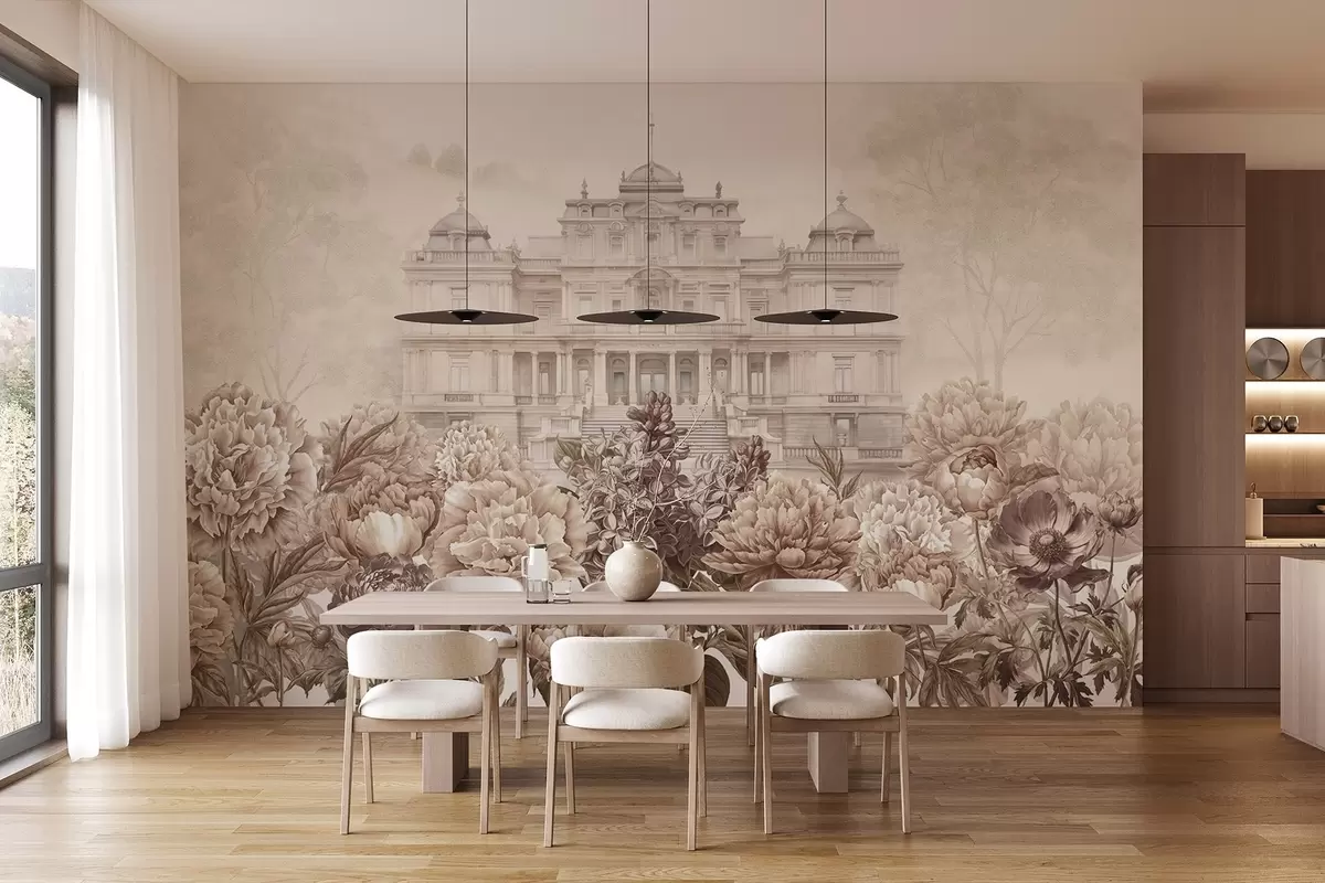 murales de pared Palacio real con jardín de peonías, estilo acuarela, naturaleza, colores beige, boho w03552