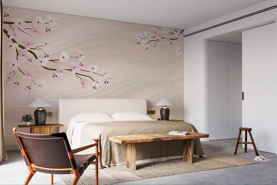 murales de pared Ramas de sakura sobre fondo ondulado de arena w08959