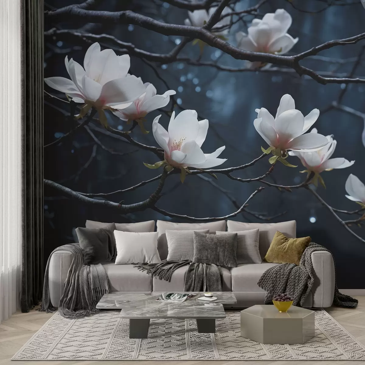 murales de pared Árbol en flor con ramas sobre fondo oscuro w03604