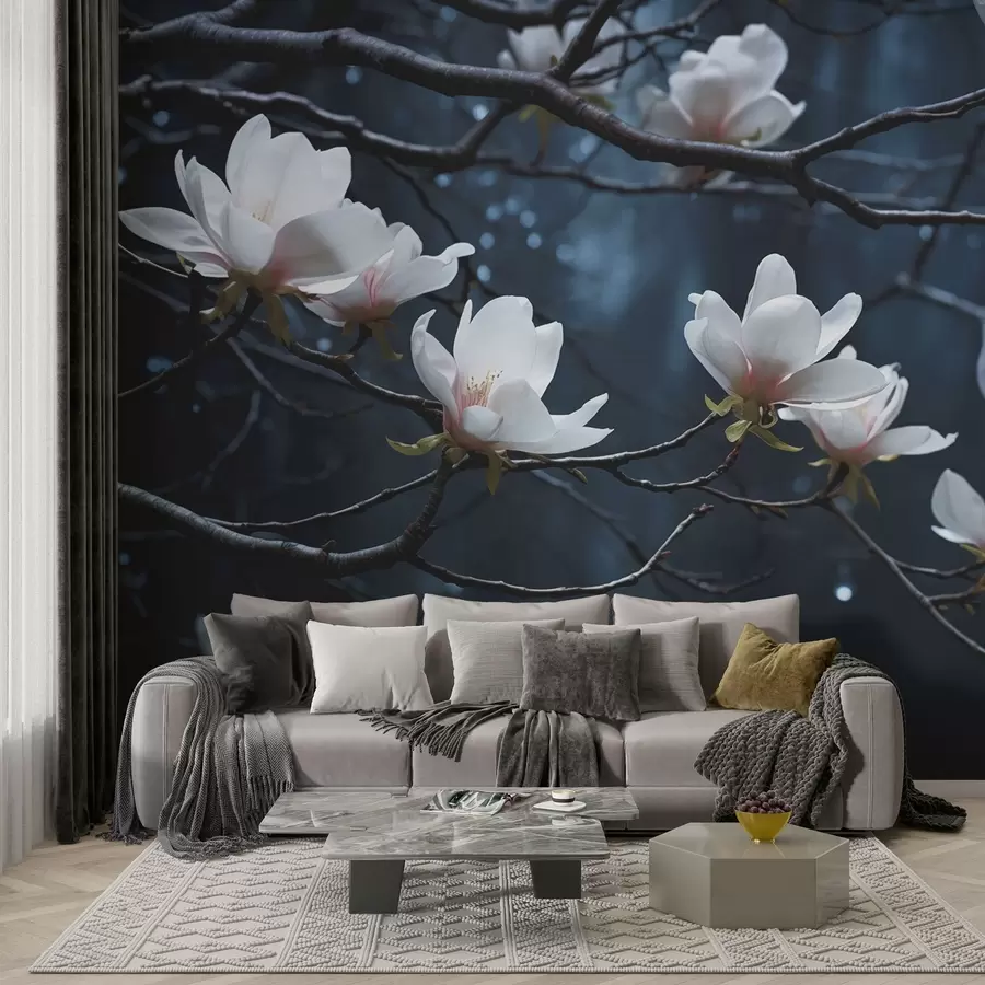 murales de pared Árbol en flor con ramas sobre fondo oscuro w03604
