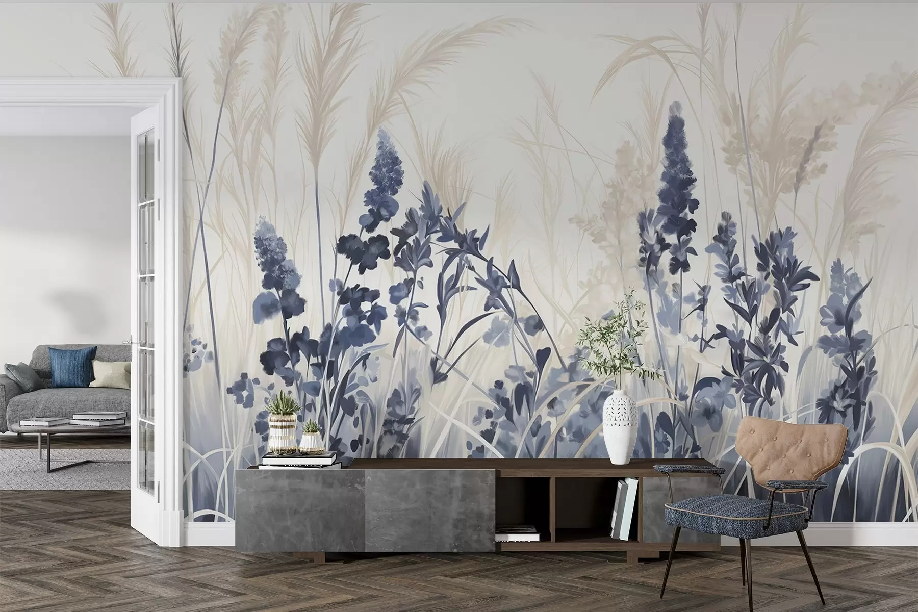 murales de pared Flores azules y juncos beige en un campo, textura de pintura minimalista, fondo claro, colores suaves, pinceladas delicadas w08982