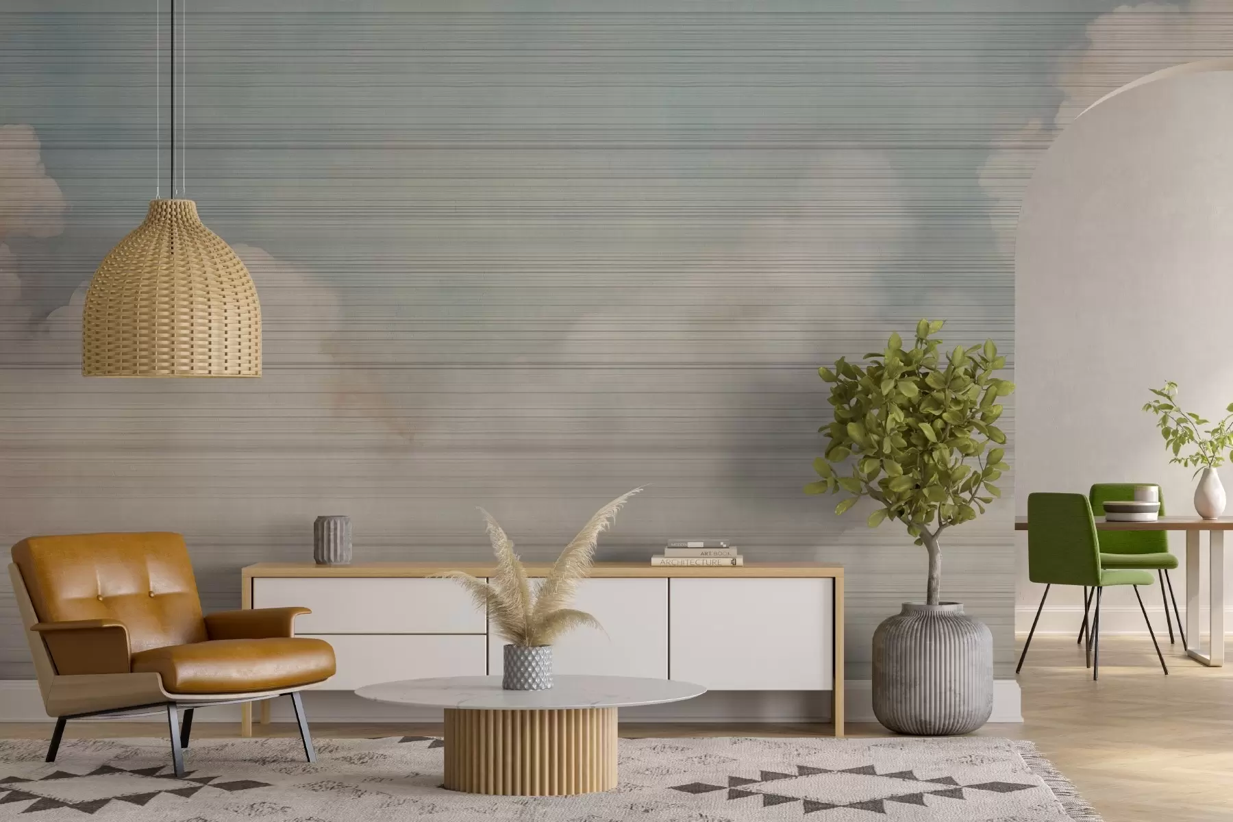 murales de pared Horizonte suave, paisaje nublado en tonos pastel w03630v2