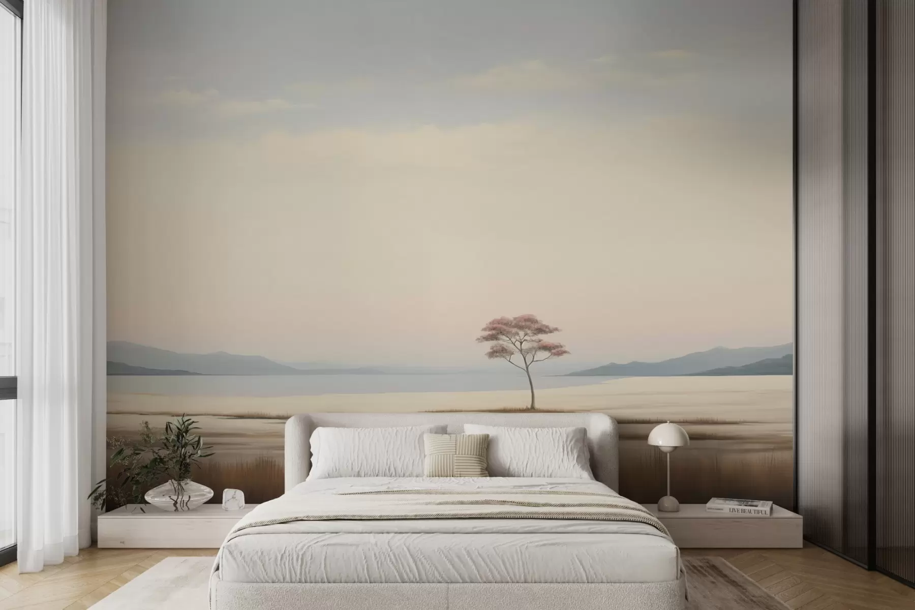 murales de pared Un paisaje sereno con un solitario árbol rosa w08989