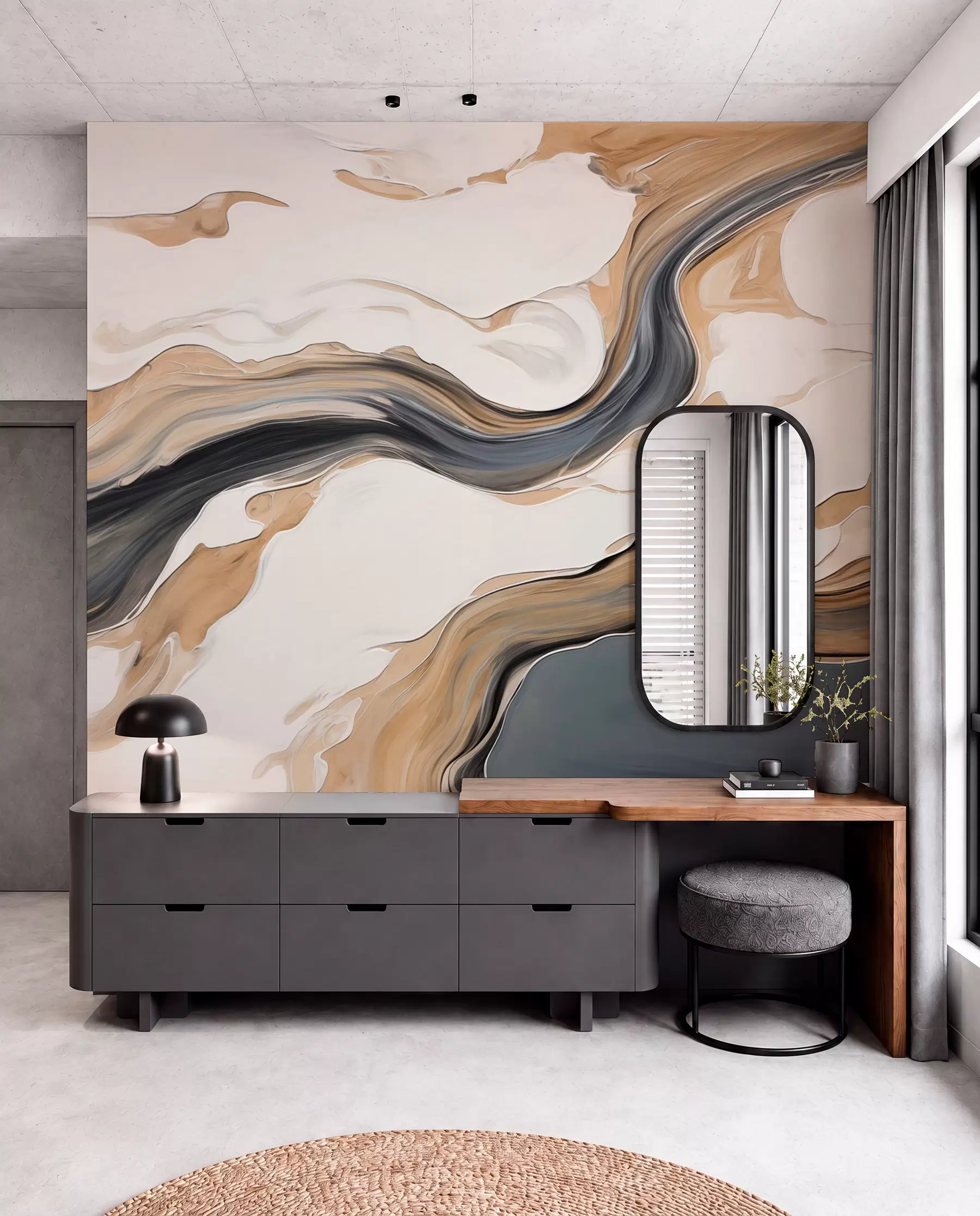 murales de pared Rayas marrón-gris en forma de ondas w09001