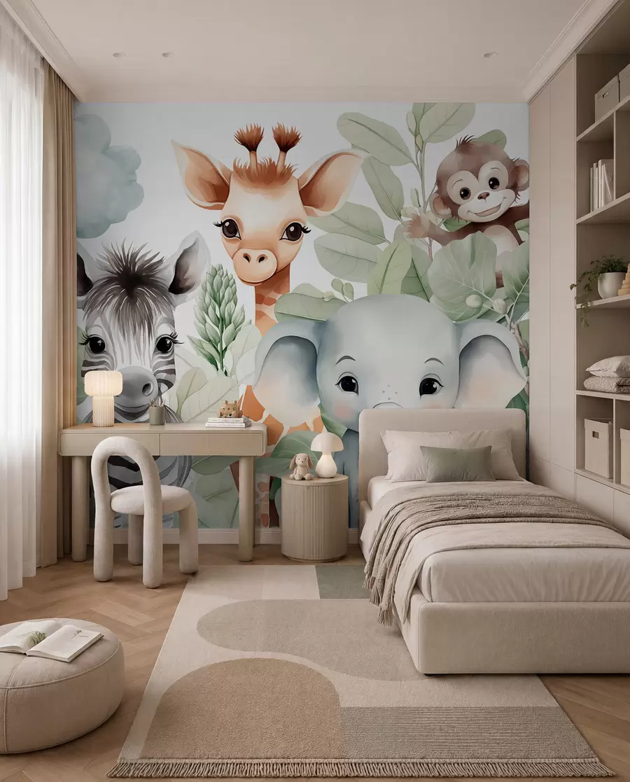 murales de pared Jirafa, cebra, elefante y mono entre el follaje w03677