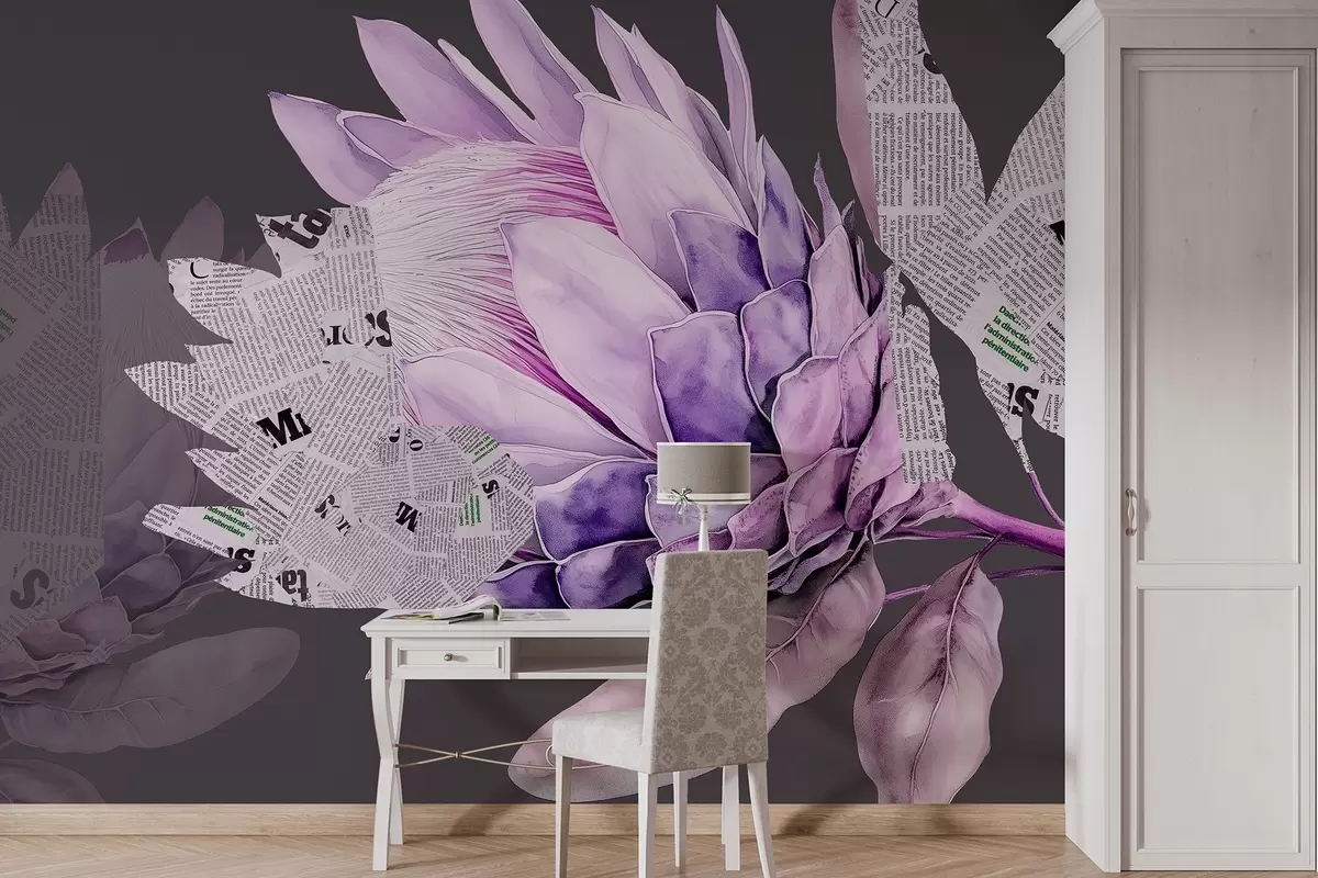 murales de pared Flores de Protea, arte del periódico, floral, tropical, fondo oscuro, colores púrpura w03667v2