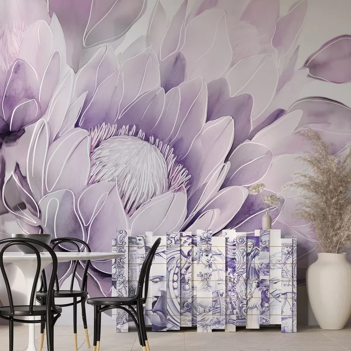 murales de pared Hermosas flores de protea, dibujo lineal, tropical, colores púrpura w03669v1