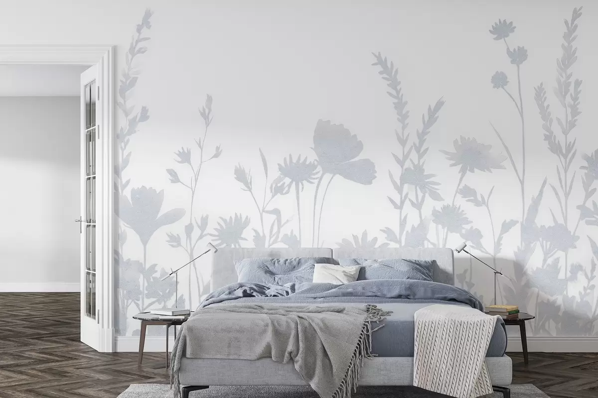 murales de pared Pradera de verano, rústica, flores, paleta de colores azules w03670v1