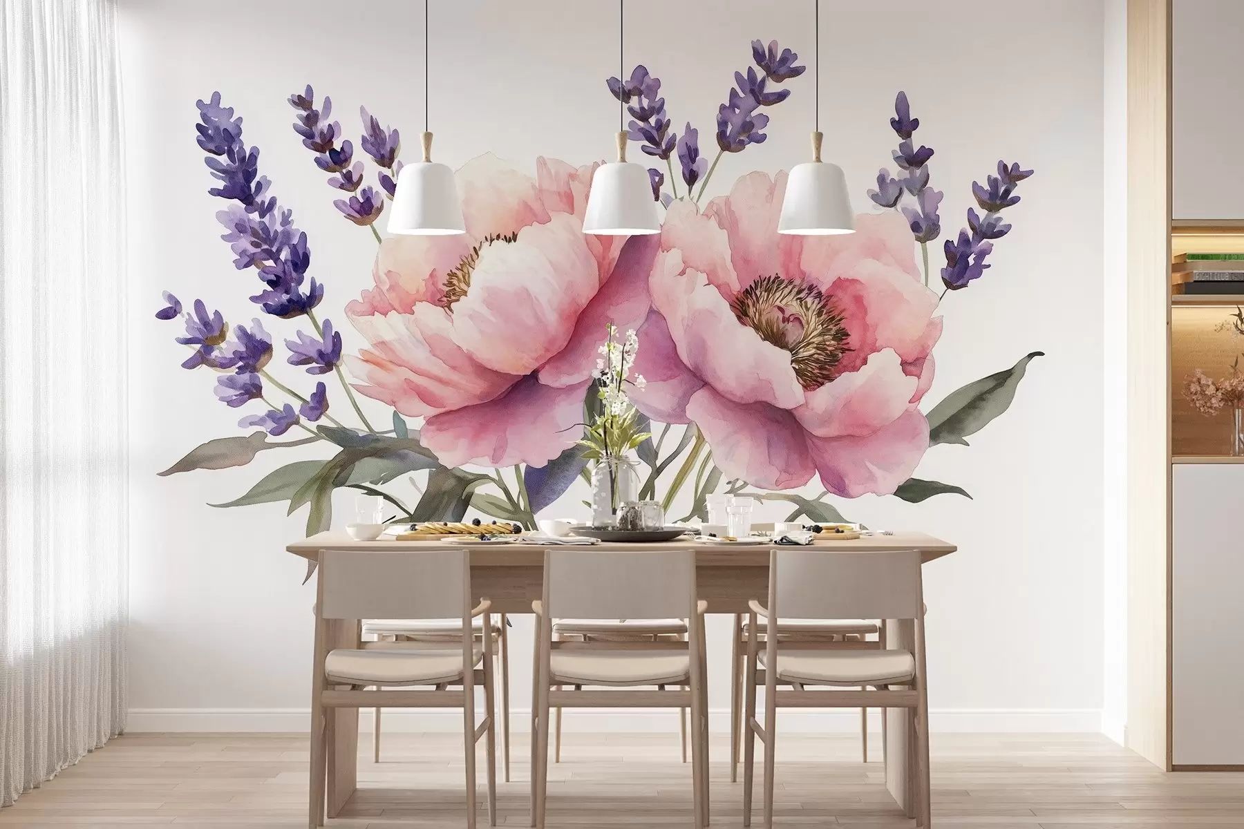 murales de pared Peonías estilo acuarela, lavanda, flores, colores naturales w03671