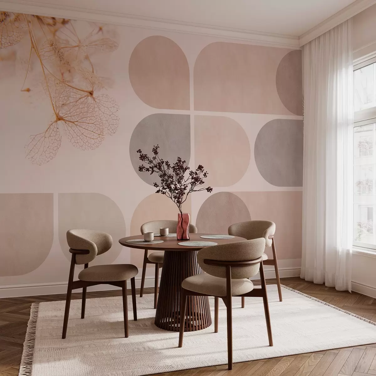 murales de pared geometría y flores secas con vetas en tonos beige w03617