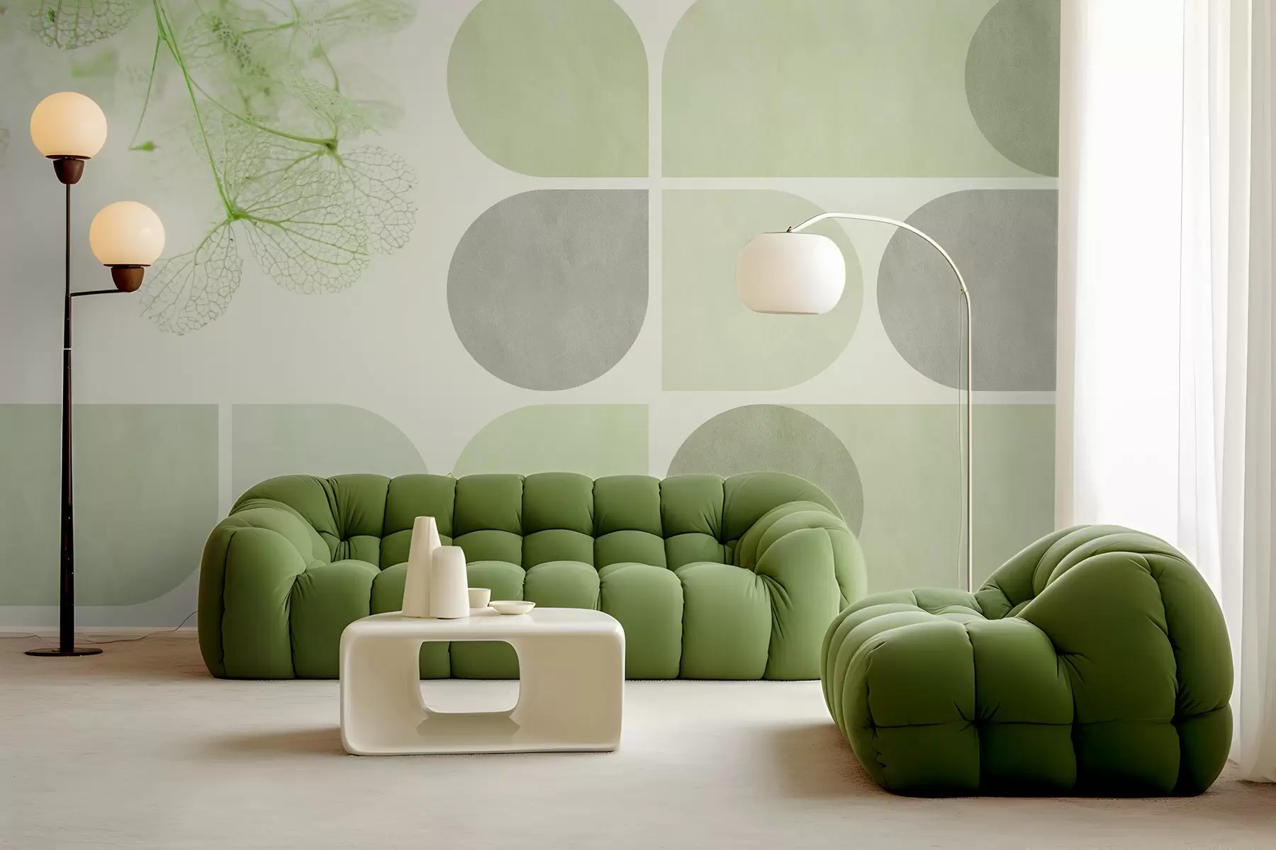 murales de pared geometría y flores secas con venas en tonos verdes w03617v1