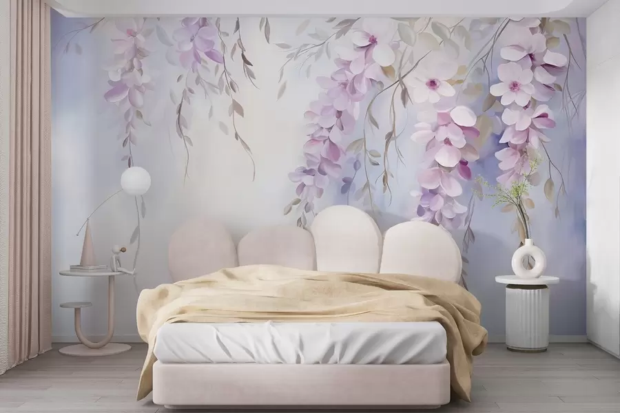 murales de pared Flores de glicinia con pétalos lilas y hojas verdes colgando de las ramas, suaves colores pastel, fondo color pastel w09010