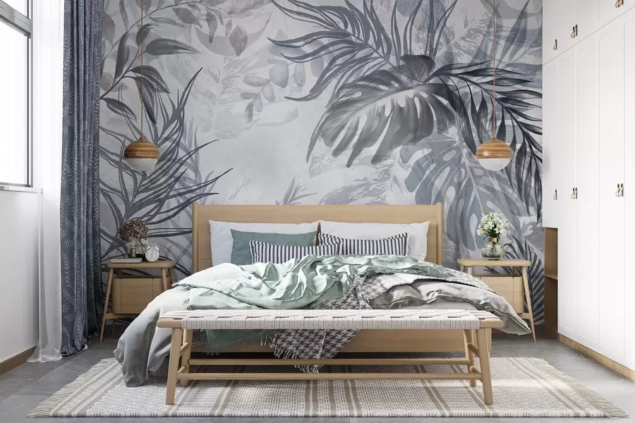 murales de pared Monstera y hojas de palma en tonos de azul y gris, botánico, follaje tropical, plantas de la selva, fondo texturizado w09011v1