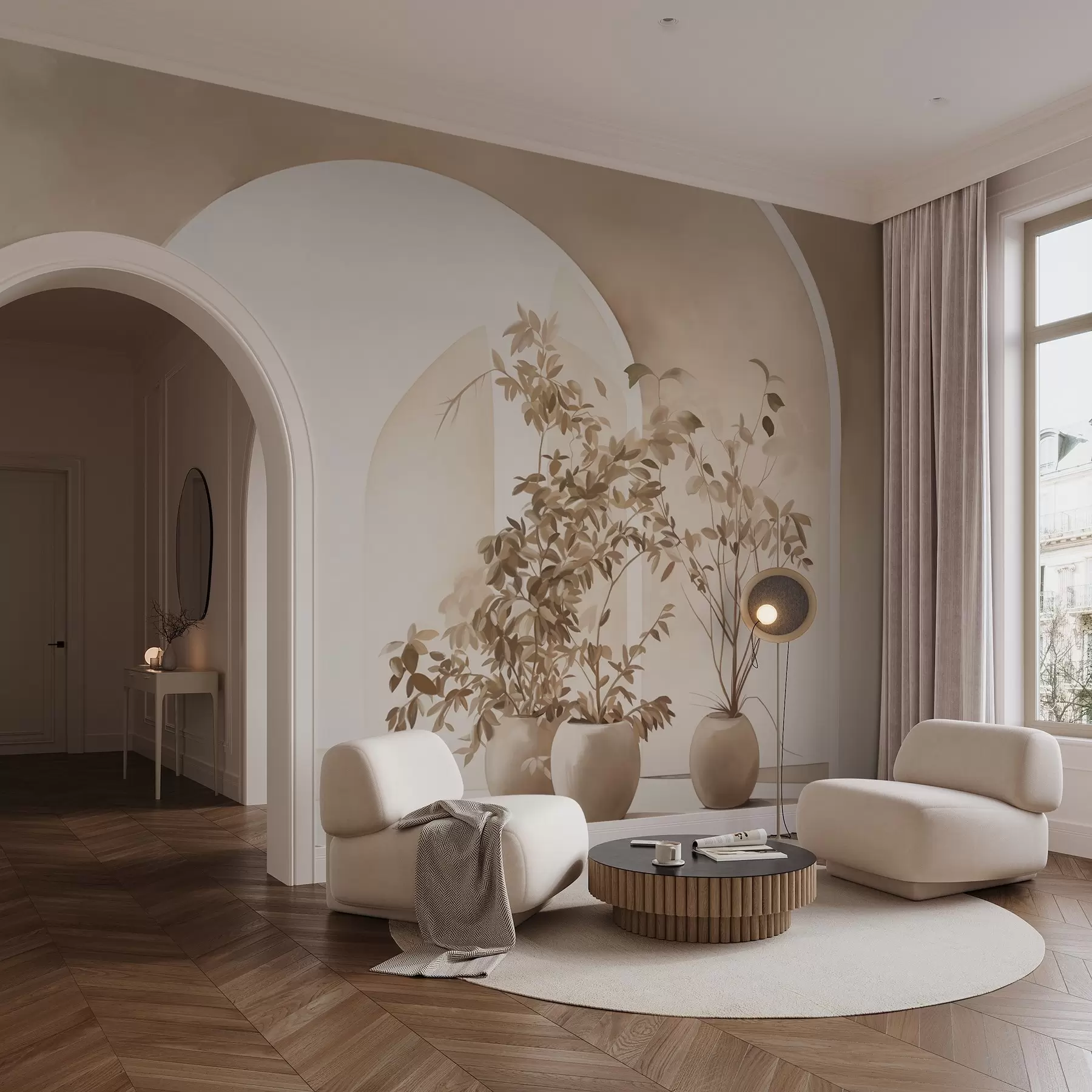 murales de pared Plantas en macetas con tonos beige delante de arcos abstractos, estilo minimalista, elegante y limpio, fondo neutro w09013