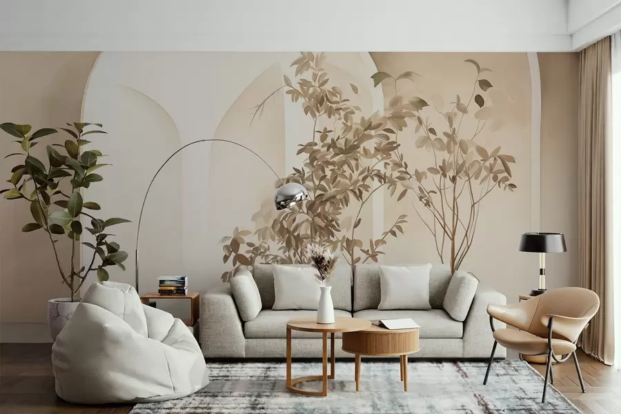 murales de pared Plantas en macetas con tonos beige delante de arcos abstractos, estilo minimalista, elegante y limpio, fondo neutro w09013