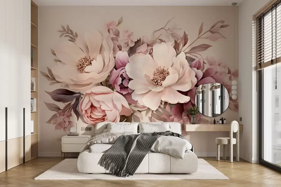 murales de pared Delicada composición de flores rosas y beige, peonías con hojas w09019