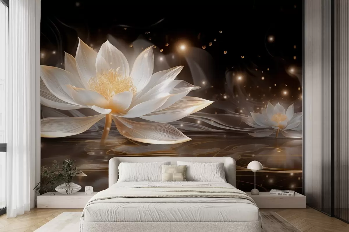 murales de pared Elegantes nenúfares blancos sobre agua oscura w09021